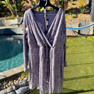 City Chic “Dress Razzle” Sequin Wrap Dress XXL/24 | Metallic Silver Party Dress